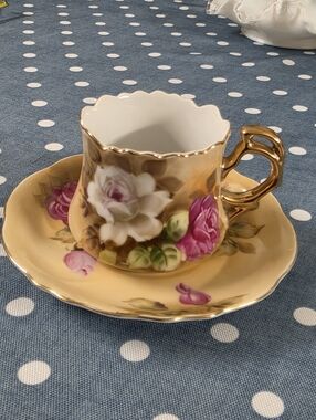 Vintage Lefton Heritage Rose Hand Painted brown Demitasse Cup Saucer